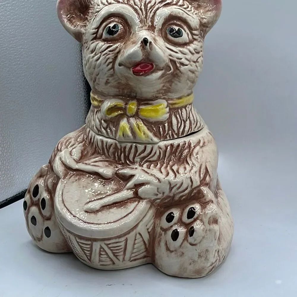 Vintage ceramic USA drummer bear cookie jar glazed Midcentury